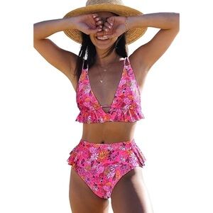 Sporlike High Waist Ruffle V Neck Bikini Swimsuit hot pink daisies floral Medium